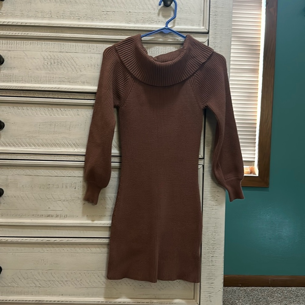 Long sleeved off the shoulder sweater dress.